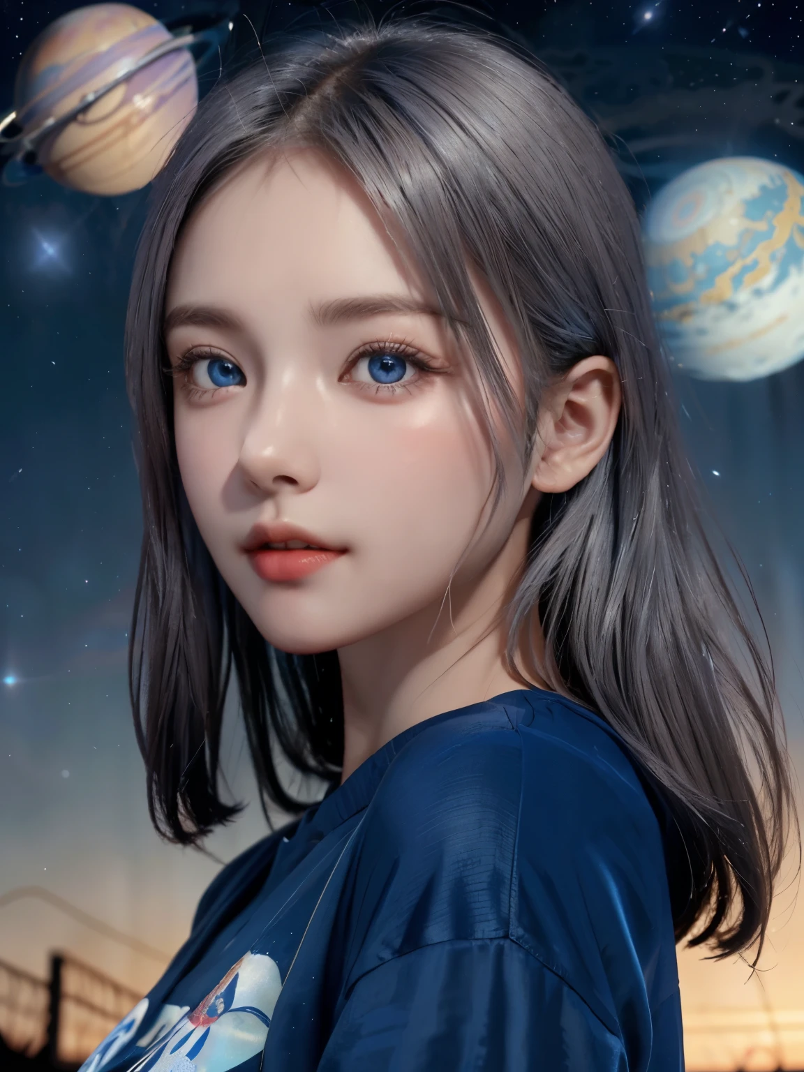 (4K), (best quality), (best details)（surrealistic）,French beautiful girl、silver hair、blue eyes、Jupiter, a giant planet floating in the night sky