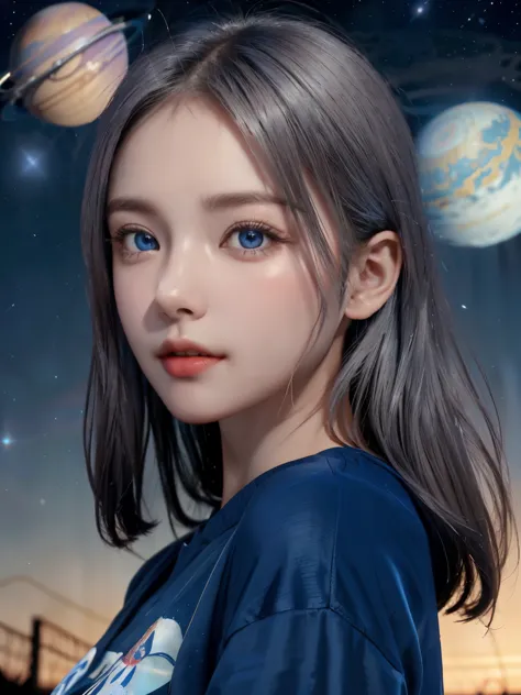 (4K), (best quality), (best details)（surrealistic）,French beautiful girl、silver hair、blue eyes、Jupiter, a giant planet floating ...