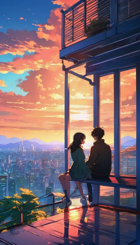 anime couple sitting on a balcony watching the sunset, watching the sun set. anime, lofi artstyle, anime background art, anime s...