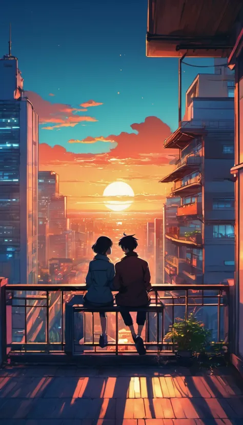 anime couple sitting on a balcony watching the sunset, watching the sun set. anime, lofi artstyle, anime background art, anime s...