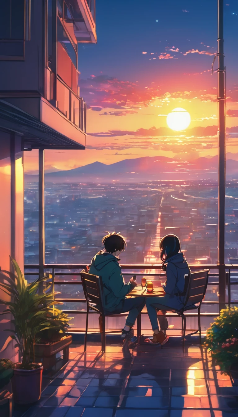 anime couple sitting on a balcony watching the sunset, watching the sun set. anime, lofi artstyle, anime background art, anime style cityscape, beautiful anime scene, lofi art, in style of makoto shinkai, 4 k manga wallpaper, makoto shinkai cyril rolando, hd anime cityscape, ilya kuvshinov landscape, 4k anime wallpaper