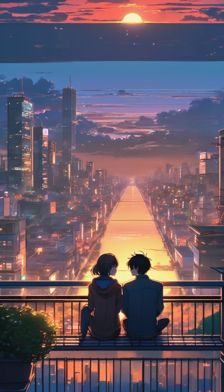 anime couple sitting on a balcony watching the sunset, watching the sun set. anime, lofi artstyle, anime background art, anime style cityscape, beautiful anime scene, lofi art, in style of makoto shinkai, 4 k manga wallpaper, makoto shinkai cyril rolando, hd anime cityscape, ilya kuvshinov landscape, 4k anime wallpaper