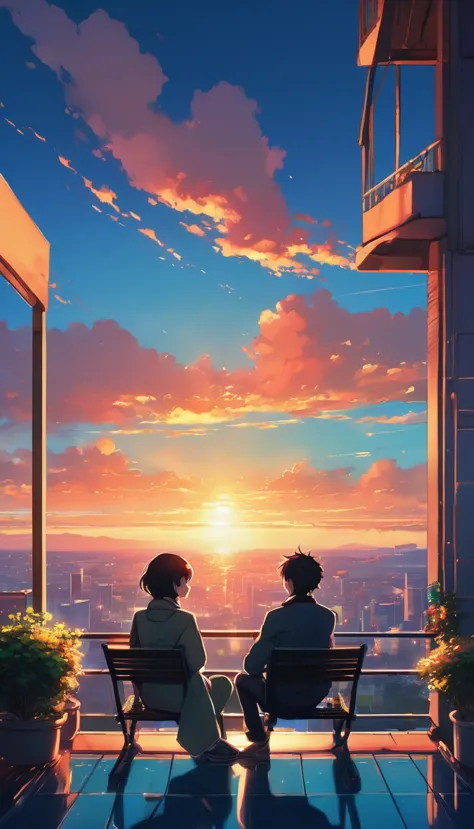 anime couple sitting on a balcony watching the sunset, watching the sun set. anime, lofi artstyle, anime background art, anime s...