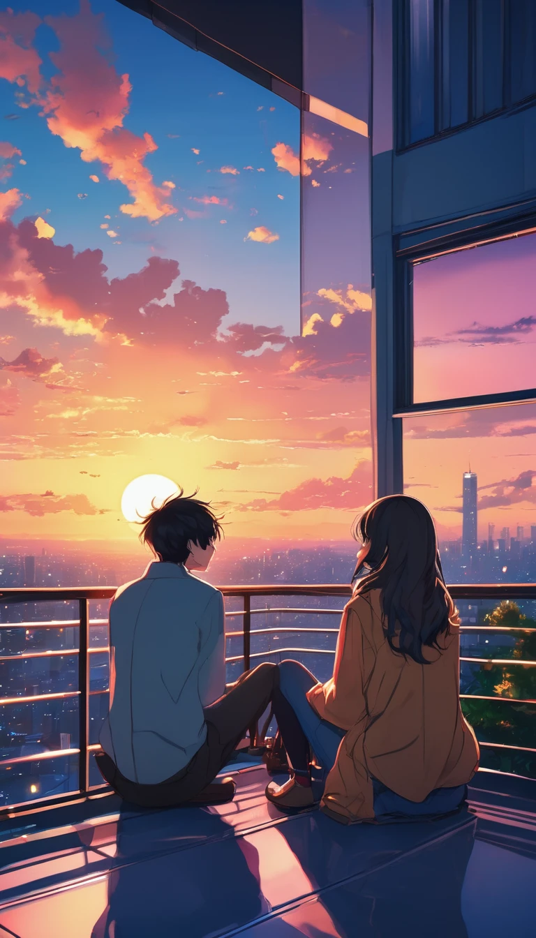 anime couple sitting on a balcony watching the sunset, watching the sun set. anime, lofi artstyle, anime background art, anime style cityscape, beautiful anime scene, lofi art, in style of makoto shinkai, 4 k manga wallpaper, makoto shinkai cyril rolando, hd anime cityscape, ilya kuvshinov landscape, 4k anime wallpaper