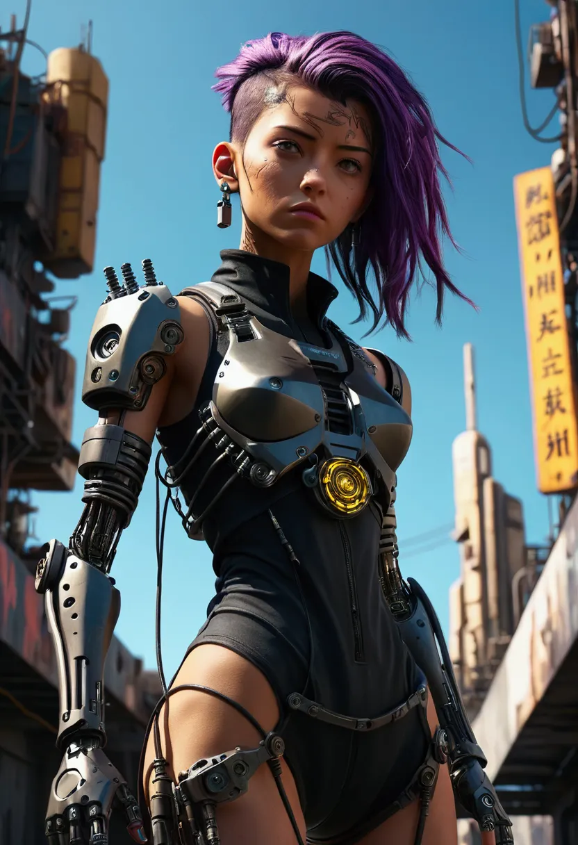 (low angle shot:1.5), (full body shot:1.2), cyberpunk style, 1girl, cybernatic body, semi-human,mechanical arm, full body cyberw...