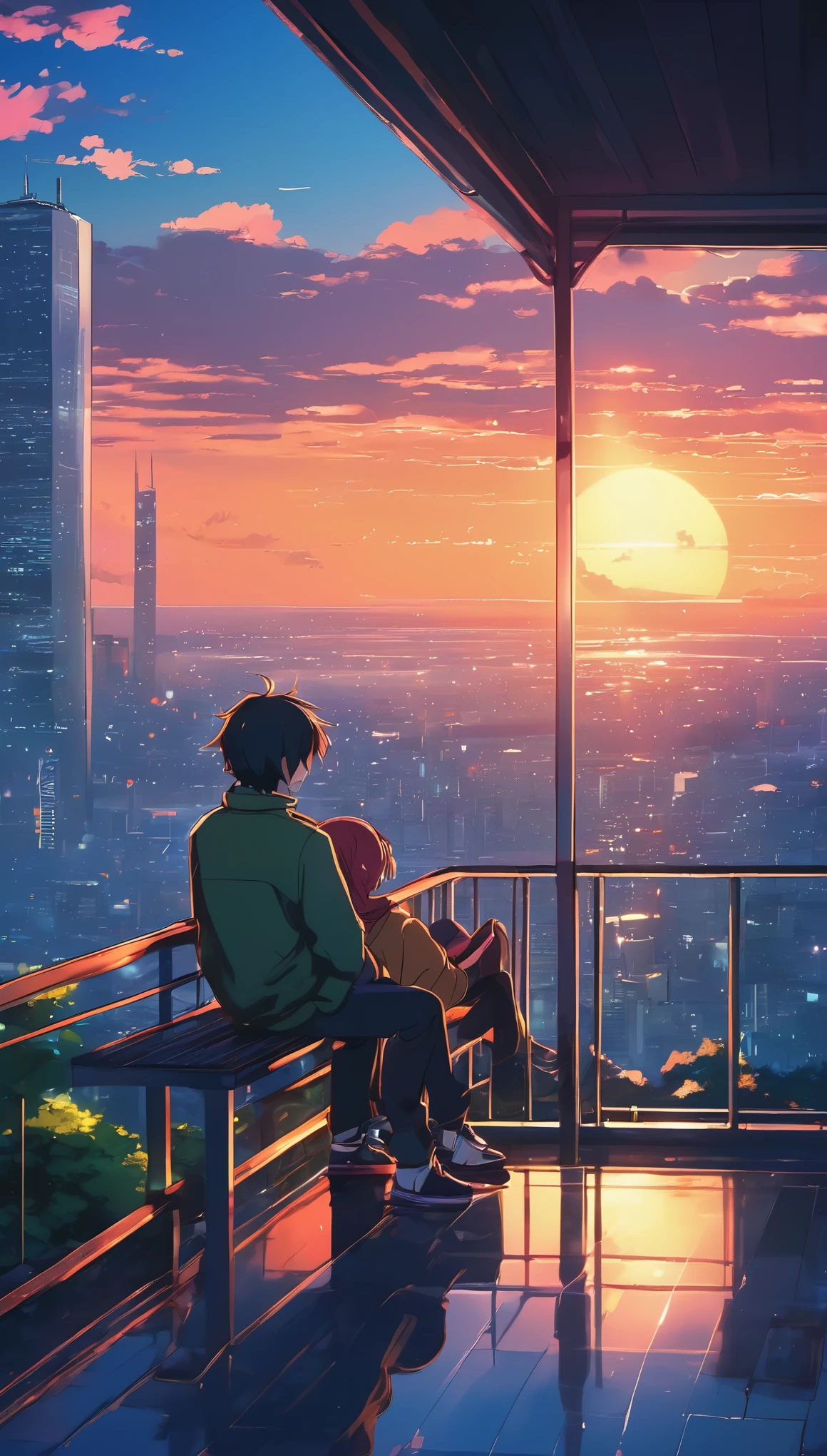 anime couple sitting on a balcony watching the sunset, watching the sun set. anime, lofi artstyle, anime background art, anime style cityscape, beautiful anime scene, lofi art, in style of makoto shinkai, 4 k manga wallpaper, makoto shinkai cyril rolando, hd anime cityscape, ilya kuvshinov landscape, 4k anime wallpaper