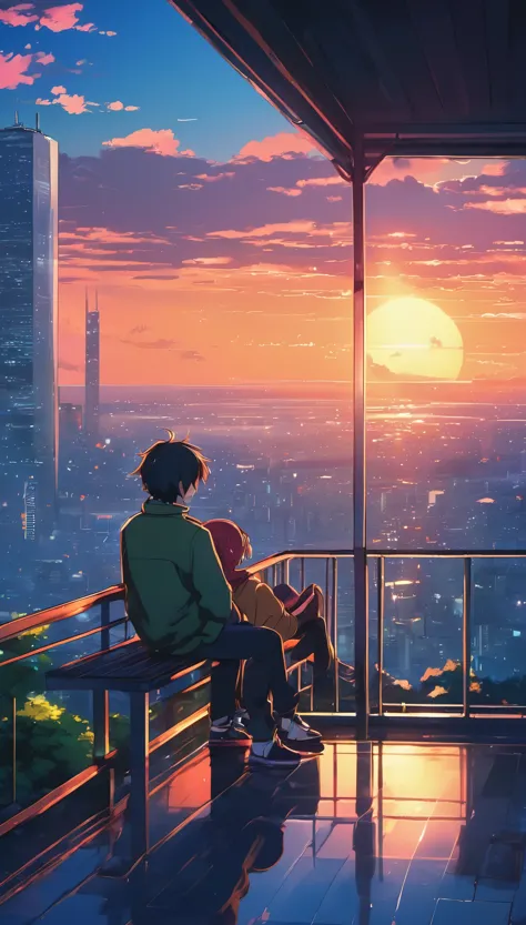 anime couple sitting on a balcony watching the sunset, watching the sun set. anime, lofi artstyle, anime background art, anime s...