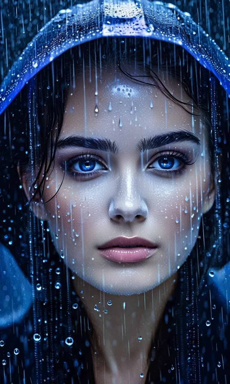 kor, a woman standing in front of a window covered in rain, rain drops on face, raining portrait, close up portrait shot, closeup portrait shot, close up portrait photo, close - up portrait shot, wet reflections in eyes, tears in the rain, alessio albi, wet relections in eyes, closeup shot of face, tears dripping from the eyes 