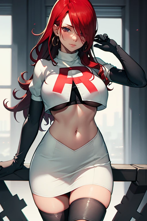 Persona3Mitsuru, red hair, hair over one eye ,glossy lips , Team rocket, team rocket uniform, red letter R, white skirt,white crop top,black thigh-high boots, black elbow gloves, evil smile, earrings, large breasts