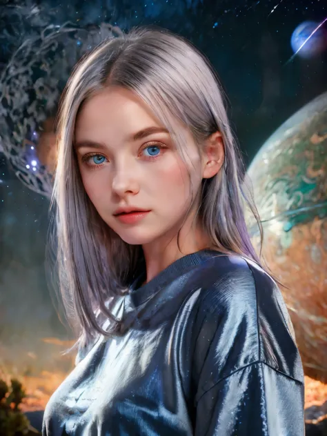 (4k), (best quality), (best details)（surrealistic）,french beautiful girl、silver hair、blue eyes、jupiter, a giant planet floating ...