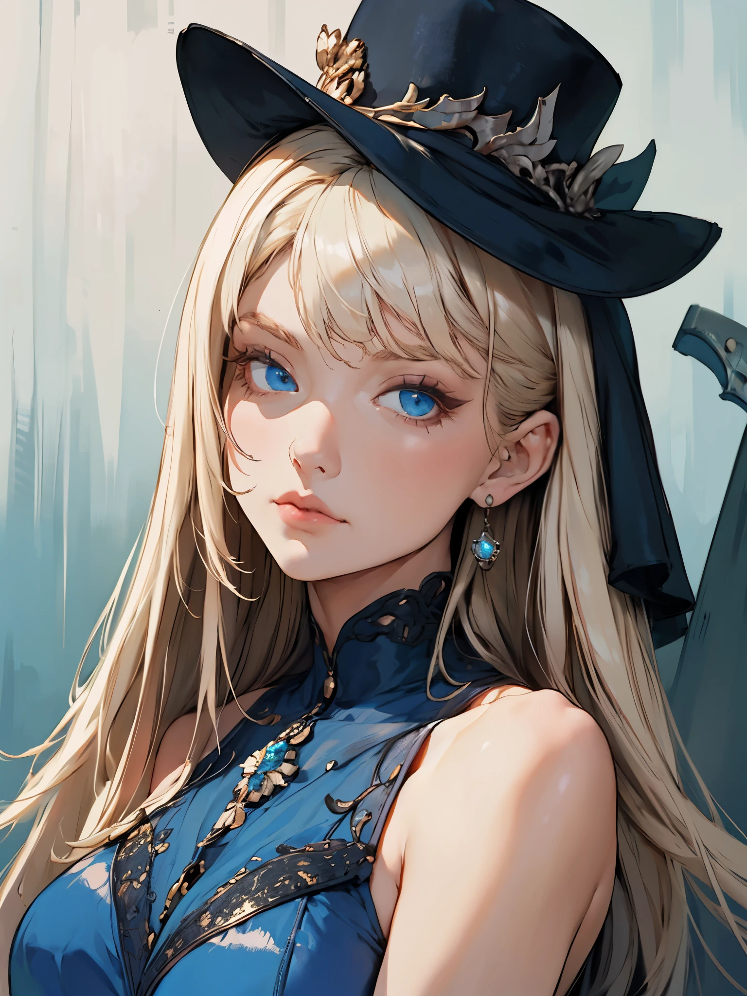 1girl, bust portrait, detailed face, looking at viewer, detailed hair, detailed eyes, intricate jewelry hat, blush, detailed skin, shoulder, drapped dress, sideboob, soft lighting, (realistic, photorealistic), masterpiece, highest quality, earrings, art nouveau, scandinavians, long pale blonde hair, (blue eyes:1.2), huge breasts, raised eyebrows, eyelashes, black eyeliner,