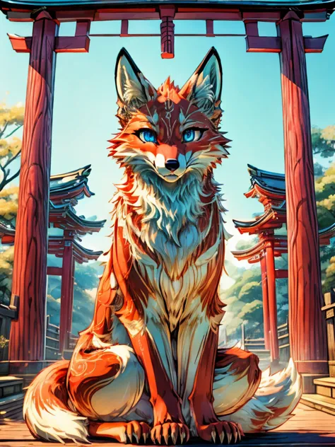 japanese 9-tailed fox, add high definition_detagregate_detail:1, japanese shrine scenery add_detail:1, whole body_detail, under ...