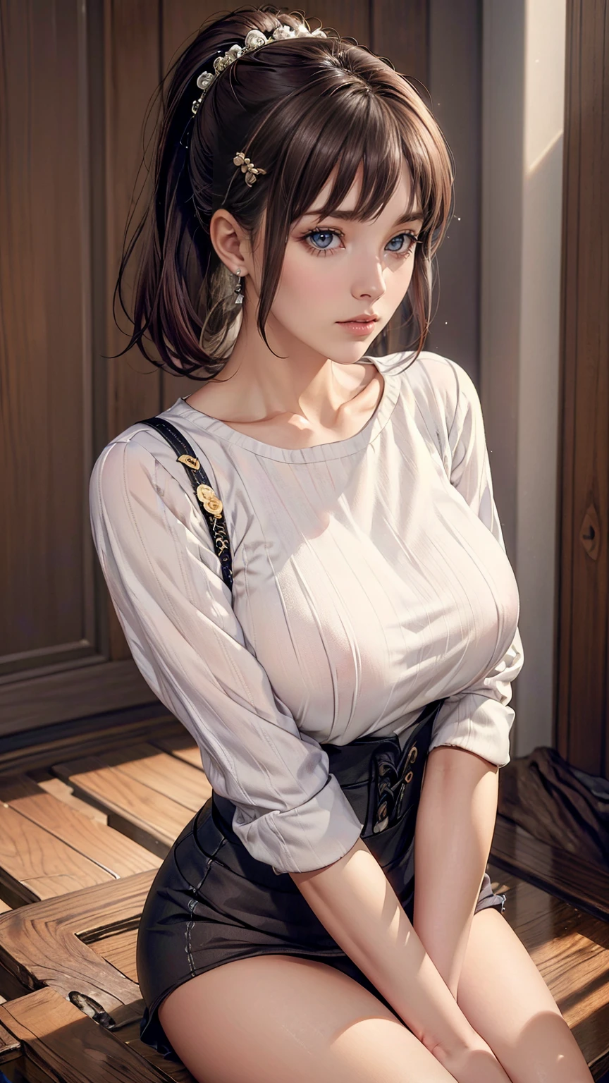 (（（Perfect body,White and tender skin,（（（blue sweater，cropped jacket，grey dress，high-waist skirt，）））,（（（Kobeni Higashiyama, black hair, hair ornament, hairclip,  ponytail, short hair, (brown eyes:1.5),）））,((masterpiece)),highres,((Best quality at best)),masterpiece,quality,Best quality,(（（ Exquisite facial features,Looking at the audience,There is light in the eyes,(（（frown，Wronged））），Look up）））,（（（Light and shadow,Huge breasts,）））,（（（Wooden background)））)