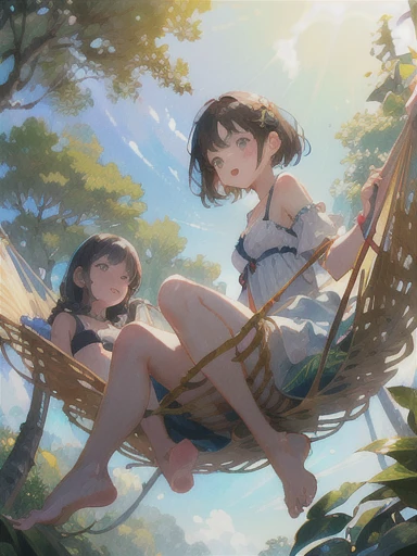 masterpiece, Highest quality, High resolution backgrounds, Bright and beautiful atmosphere, Two Girls (10 years old, 1. Short-tempered round face), 1 (hair, Surface Effects), Small breasts, Tropical trees々Hammock between、Overlooking the forest from a high hill、A hammock so high you can&#39;t reach it 、Two girls sleeping in a hammock, "Deltamon_SDXL :0.73) >Deltamon"、(topless:1.3)、A stream flows below、Fisheye Lens