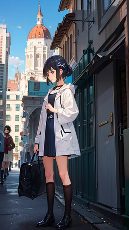 one girl,low angle shot,(from below:1.3),standing,outdoors, fashionable street