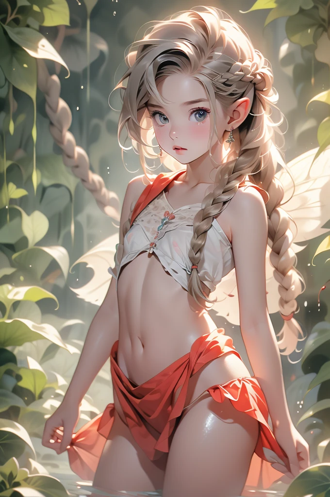  ((best quality)), ((masterpiece)), (detailed), 1 Girl, Off-shoulder, small tribal,(((small ,small))),(Round Face),(small chest),(Big forehead:1.2),(Beautiful big eyes:1.3),extremely detailed cute anime face, (((flat chest))),((((long double braids,tight braids,Long braids,Braided Hair,Long scissors,Colored undercoat)))),Complex eyes,beautiful detailed eyes,Symmetrical eyes,((((Glowing skin:1.5,Bright skin: 1.5,Glowing skin,very Glowing skin,Shiny body,Reflective Skin)))),(((detailed face))),beautiful detailed lips,(National Science Foundation)), ((Loincloth dress)),(Loincloth clothing,style),(Clothes made from leaves and flowers),((Wet clothes,)), Dynamic poses,Looking at the audience, (((Awkward))),(Frightened expression),high resolution,(best quality),(ultra detailed,extremely detailed),Perfect face details, ((masterpiece:1.4, best quality))+, (ultra detailed)+, Long twin tails, (White stockings), Cute girl,Blue clothes, (flat chest:1.3), 1 Fairy, Off-shoulder, fairy tale, Fairy, Elf girl with wings, 女孩Fairy, Different types of insect wings, small breasts (flat chest:1.3), National Foundation，Tentacles状藤蔓, 覆盖着Tentacles, 被Tentacles缠绕, 身体周围的Tentacles, 许多Tentacles, 被Tentacles捕获, 被Tentacles, 被Tentacles困住, Fine details，Tentacles，用Tentacles绑住, 漫游Tentacles, Slobber，cry，Frightened expression, panic, Fighting for survival, helpless, Detailed body，Complete limbs，National Foundation, Pulled into a flower, Wildlife, jungle, Horrible floral environment, Terrible nature, Predatory flora, Fairy捕手, Fairy捕手, Fairy捕手 plant, Tentacles状藤蔓, Fairy捕手-plant, Fairy捕手 flower, Tentacles状藤蔓, Fairy捕手-flower inspired by carnivorous plants; A plant occupies an evolutionary niche comparable to 