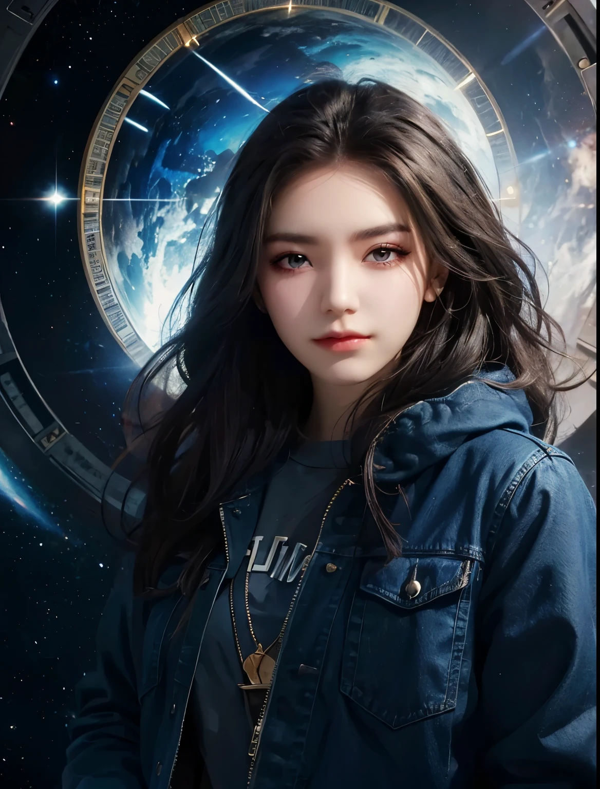 beautiful woman.twenty three years old. dark brown hair. She is looking at the camera with a serious expression. She is wearing jeans and a jacket. Image of outer space with clock in space behind woman.