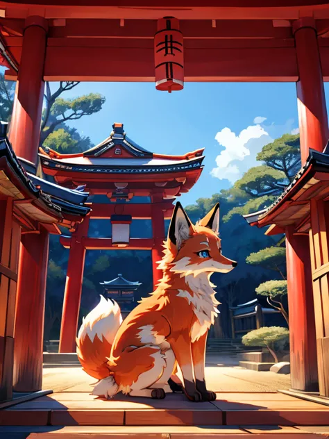 japanese 9-tailed fox, add high definition_detagregate_detail:1, japanese shrine scenery add_detail:1, whole body_detail, under ...