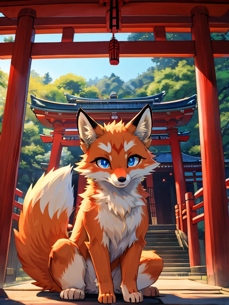 Japanese 9-tailed fox, add high definition_detagregate_detail:1, japanese shrine scenery add_detail:1, Whole body_detail, under a tori gate, super detailed pupils, beautiful eyes, bright pupils, jack-o position