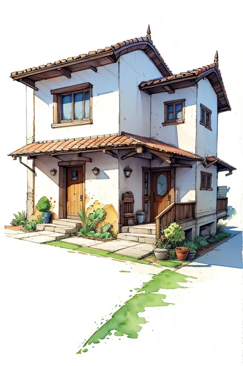 front of a small house, unfinished sketch, watercolor, pencil and ink on paper, (white background: 1.2)