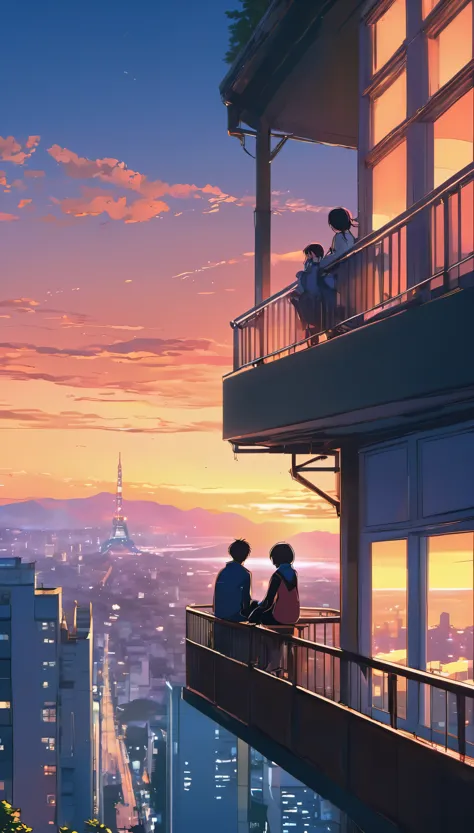 anime couple sitting on a balcony watching the sunset, watching the sun set. anime, lofi artstyle, anime background art, anime s...