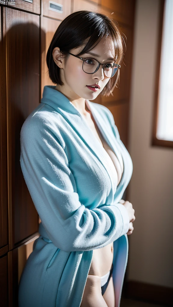 RAW photo, 1 girl, incredibly absurd, 30 years old, beautiful girl, (cute), (short hair), photo shoot, realistic, Depth of the bounds written, High resolution, Super detailed, delicate, very detailed, highly detailed eyes and face, sharp pupils, Realistic Office Lady, sharp focus, LED lighting, Eye and face details, (bathrobe), Teddy body suit, cowboy shot full body, (stick out one's buttocks:1.2),  (wind lift:1.6), cameltoe, lace micro underwear, stare, (Big breasts that are about to burst), Close-up, perfect body, (dimly lit locker room), sunset, intelligent glasses