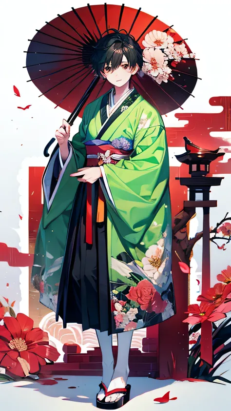 1boy, solo, looking at viewer, floral print, floral print sash, flower, full body, hakama, gradient background, green kimono, ho...