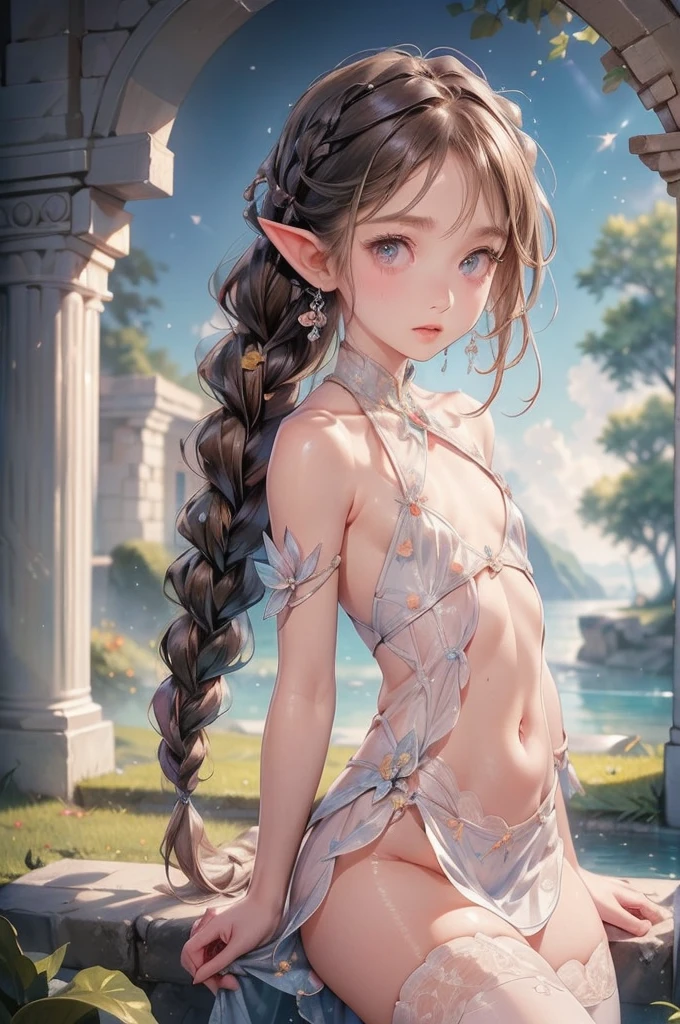 ((best quality)), ((masterpiece)), (detailed), 1 Girl, Off-shoulder, small tribal,(((small ,small))),(Round Face),(small chest),(Big forehead:1.2),(Beautiful big eyes:1.3),extremely detailed cute anime face, (((flat chest))),((((long double braids,tight braids,Long braids,Braided Hair,Long scissors,Colored undercoat)))),Complex eyes,beautiful detailed eyes,Symmetrical eyes,((((Glowing skin:1.5,Bright skin: 1.5,Glowing skin,very Glowing skin,Shiny body,Reflective Skin)))),(((detailed face))),beautiful detailed lips,(National Foundation)), ((Loincloth dress)),(Loincloth clothing,style),(Clothes made from leaves and flowers),((Wet clothes,)), Dynamic poses,Looking at the audience, (((Awkward))),(Frightened expression),high resolution,(best quality),(ultra detailed,extremely detailed),Perfect face details, ((masterpiece:1.4, best quality))+, (ultra detailed)+, Long twin tails, (White stockings), Cute girl,Blue clothes, (flat chest:1.3), 1 Fairy, Off-shoulder, fairy tale, Fairy, Elf girl with wings, 女孩Fairy, Different types of insect wings, small breasts (flat chest:1.3), National Foundation，Tentacles状藤蔓, 覆盖着Tentacles, 被Tentacles缠绕, 身体周围的Tentacles, 许多Tentacles, 被Tentacles捕获, 被Tentacles, 被Tentacles困住, Fine details，Tentacles，用Tentacles绑住, 漫游Tentacles, Slobber，cry，Frightened expression, panic, Fighting for survival, helpless, Detailed body，Complete limbs，National Foundation, Pulled into a flower, Wildlife, jungle, Horrible floral environment, Terrible nature, Predatory flora, Fairy捕手, Fairy捕手, Fairy捕手 plant, Tentacles状藤蔓, Fairy捕手-plant, Fairy捕手 flower, Tentacles状藤蔓, Fairy捕手-flower inspired by carnivorous plants; A plant occupies an evolutionary niche comparable to