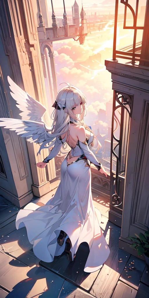 a (Rear view:1.5) A very beautiful female angel\(Long platinum blonde hair, Wide back white dress,(There are beautiful big angel wings on the chest),Very beautiful shiny halo\), She gently opened her arms，Seeking redemption, She is above the clouds, looking down at the world below,Ancient Europe， Fierce war\((So many sparks and flames), fail, fighter, Many buildings collapsed, Nature is destroyed, Magnificent scenery\) Happening Under the Clouds, rest ,quality\(8k,Extremely detailed CG unit wallpaper, masterpiece,high resolution,top-quality,top-quality real texture skin,Surrealism,提high resolution,RAW photos,Best quality,Very detailed,wallpaper,light,Ray Tracing,Golden Ratio\),[National Foundation],Dynamic Angle,[National Foundation],from above