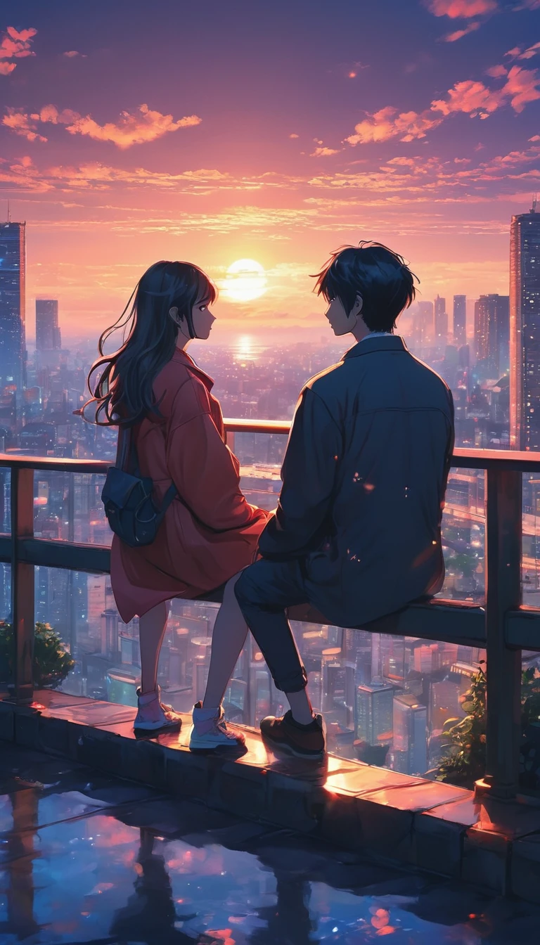 anime couple sitting on a balcony watching the sunset, watching the sun set. anime, lofi artstyle, anime background art, anime style cityscape, beautiful anime scene, lofi art, in style of makoto shinkai, 4 k manga wallpaper, makoto shinkai cyril rolando, hd anime cityscape, ilya kuvshinov landscape, 4k anime wallpaper