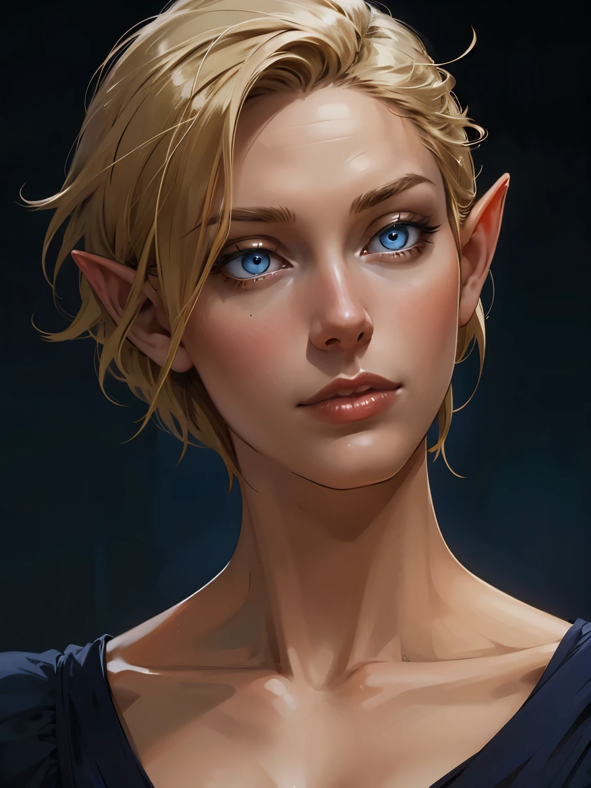  beautiful blond elven woman in her 30s, with blue eyes and striking features, exuding maturity and allure in a seductive pose.(dark-blue background), pointy ears, glowing eyes, beauty, blond long hair,blond short hair ,blond medium hair ,an14