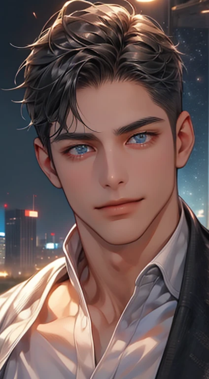 (best quality,4k,8k,highres,masterpiece:1.2),ultra-detailed,(realistic,photorealistic,photo-realistic:1.37),1 man,31 years old,mature man,very handsome,without expression,smile,short grey black hair,blue eyes,penetrating gaze,perfect face without errors,imposing posture,businessman,office background,cinematic lighting,hdr image