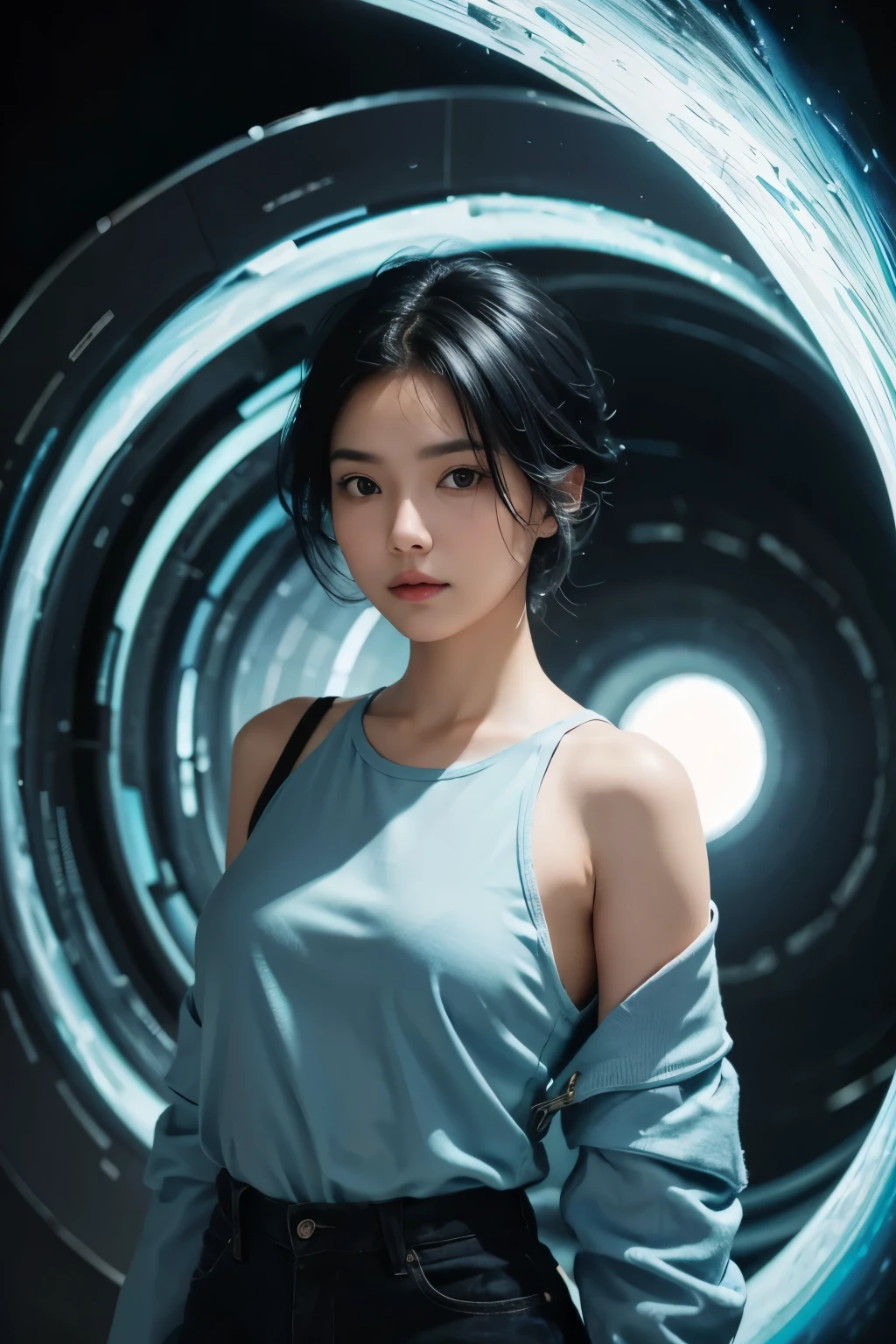 Beautiful woman wearing modern clothes in light blue tones. black hair. Woman is looking over her shoulder at the camera as she prepares to enter a wormhole. 8K quality.