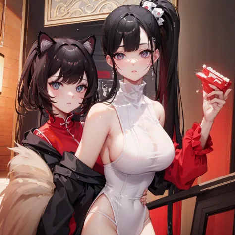 big breasts、cool girl、black hair、high ponytail hairstyle、red clothes、black shirt、dress freely、tiger cat、cat ear pose、evening、sup...