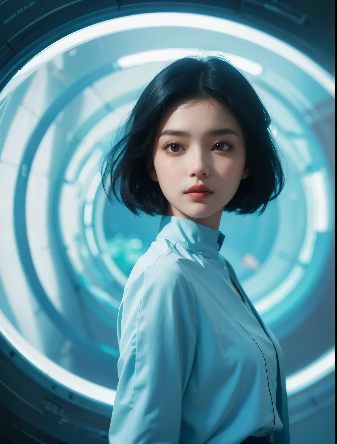 Beautiful woman wearing modern clothes in light blue tones. black hair. Woman is looking over her shoulder at the camera as she prepares to enter a wormhole. 8K quality.