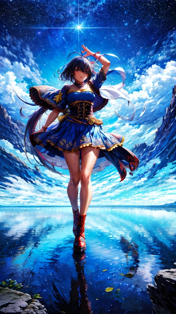 1girl, looking up at the sky, vast landscape, blue sky, outdoor, backview, flowers at her feet, wind blowing hair, reflection on water surface, anime style, detailed facial features, beautiful eyes, cute expression, Serene, peaceful, dreamlike, vibrant colors, soft lighting, high quality, 8k, photorealistic, masterpiece, digital art,masterpiece,best quality,ultra detailed,high-resolution,8k portrait,unity 8k wallpaper,extremely detailed CG unity 8k wallpaper、mysterious、Fantasy
