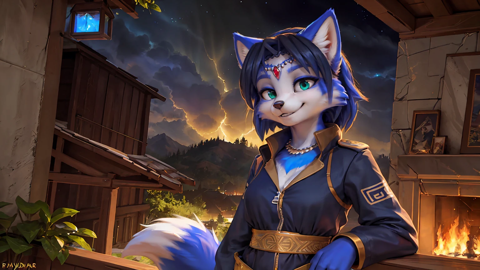 A beautiful and detailed (sweet picture) wa ((krystal)), Star Fox Krystal, sslim, lovable, green eyes, medium breasts, (((Long blue hair 1.3))),  ((black hair tips)), Decollete, grin, look up,, anthro, furry, Uploaded E621, detailed fluffy fur, (wa Fluff-Kevlar, Bayard Wu, personalize me, Pino Daeni), detailed face, (fluffy), 1 girl, alone,  Tribal clothing, sweet girl, alone4k, ,8k, A high resolution, best qualite, Perfect colors, perfect shadows, perfect lightning, posted on e621, (be Chunie, be canene khai, be t.e.starale), Red eees, (Realistic eee details 1.2), Suit for Assassin&#39;s Creed, white assassin robe, hidden blades, rüste zwei hidden blades aus, Assassin's Creed stele cape, blade's in hand, battle pose, battle, in the panoramic view, ​masterpiece, Slim bode, full bode like, walking through a burning rainforest, dramatic lighing, Soft lighting, dae, highle detail, Hair rolled up, a sharp look, a look full of killing intent, smiled slele, fit bode, perfect masculine figure, detailed fur, detailed face, (complex), (Super Detail), (ultra clear), (Best Qualite)
