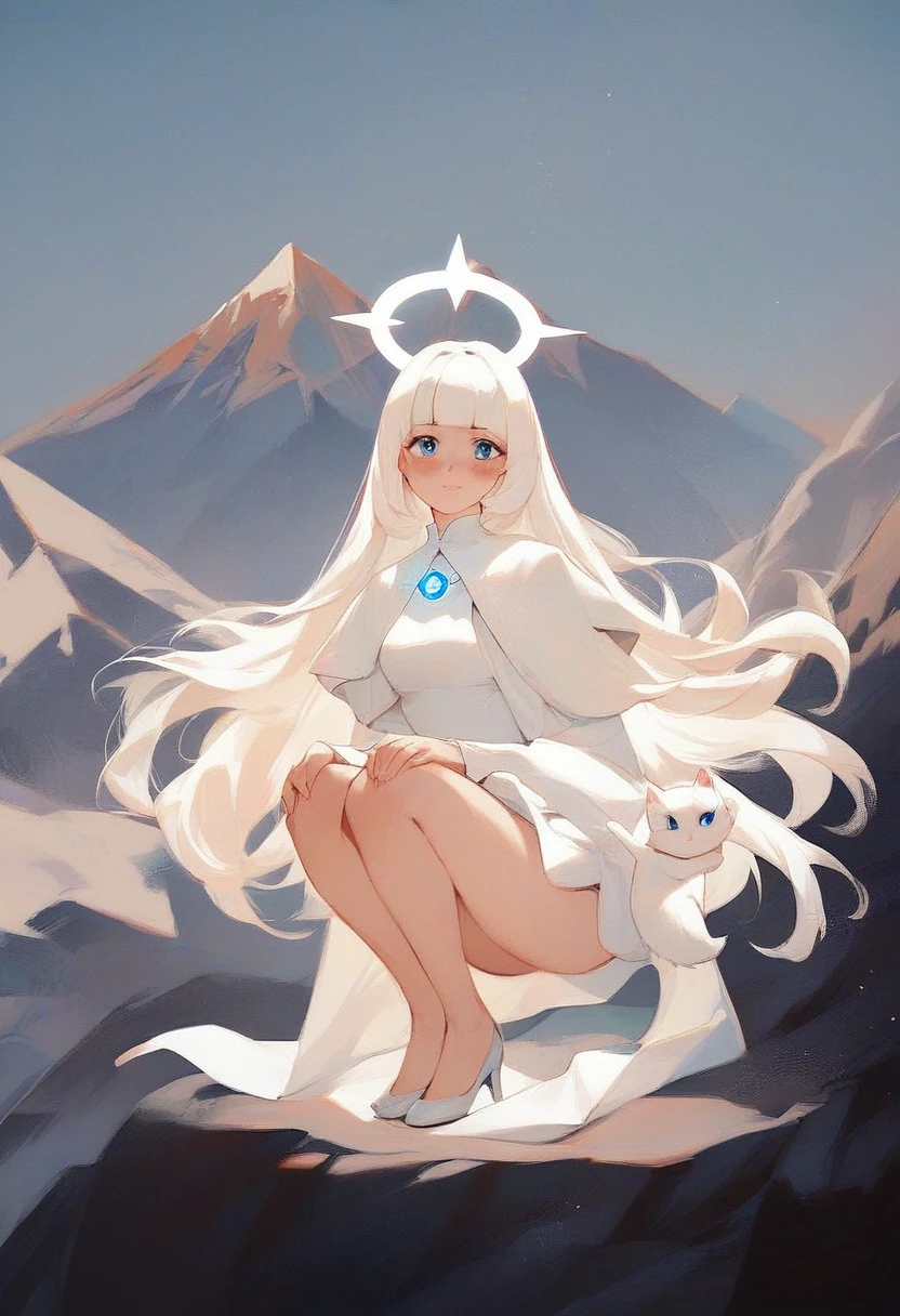 (score_9, score_8_up, score_7_up), zPDXL, 1 girl, alone, looking at viewer, crouching, hands on knees, white cat, mountain background, white hair, blue eyes, full body, long hair, white dress, bright white hair, white halo of light, halo, metallic pendant, blushing cheeks, white cat, mountain with a bit of snow, beautiful girl crouching with a halo of light, retro style, white cape, blunt bangs, white aura,