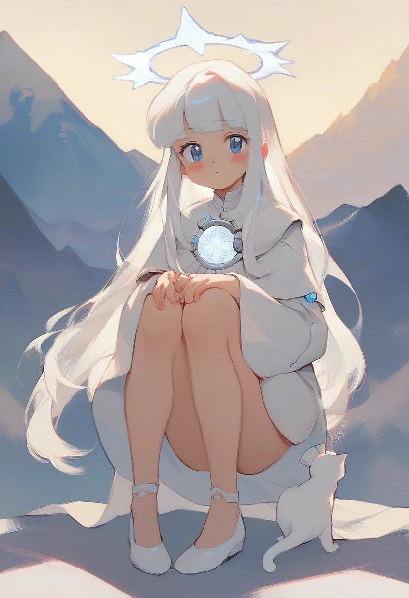 (score_9, score_8_up, score_7_up), zPDXL, 1 girl, alone, looking at viewer, crouching, hands on knees, white cat, mountain background, white hair, blue eyes, full body, long hair, white dress, bright white hair, white halo of light, halo, metallic pendant, blushing cheeks, white cat, mountain with a bit of snow, beautiful girl crouching with a halo of light, retro style, white cape, blunt bangs, white aura,