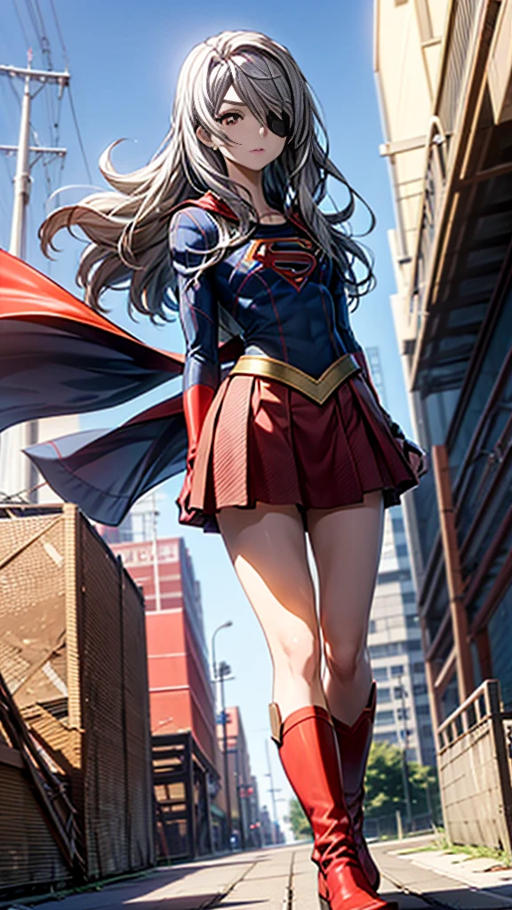 (whole body), (masterpiece:1.2), (Highest_quality:1.2), (Ultra_detailed:1.3), 8k,Low Angle，From below，Big ass girl, Mid-chest, Pose in front,barefoot，Red Boots，3D Rendering,( Supergirl)，Laura Bodewig, Long Hair, (Red eyes:1.3), Grey Hair, Eye patch,Red Skirt，The skirt is short,，A blue leotard is visible under the skirt.，The skirt is blown away by the wind，Red Cape，gloves，Simple Background，White Background，