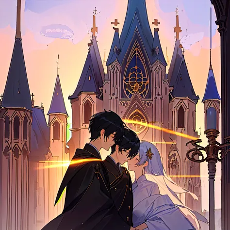 two people stood in front of a building, cathedral in the background, church in the background, as the sunset, there is a tower,...