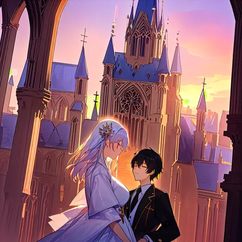 two people stood in front of a building, cathedral in the background, church in the background, as the sunset, there is a tower,...