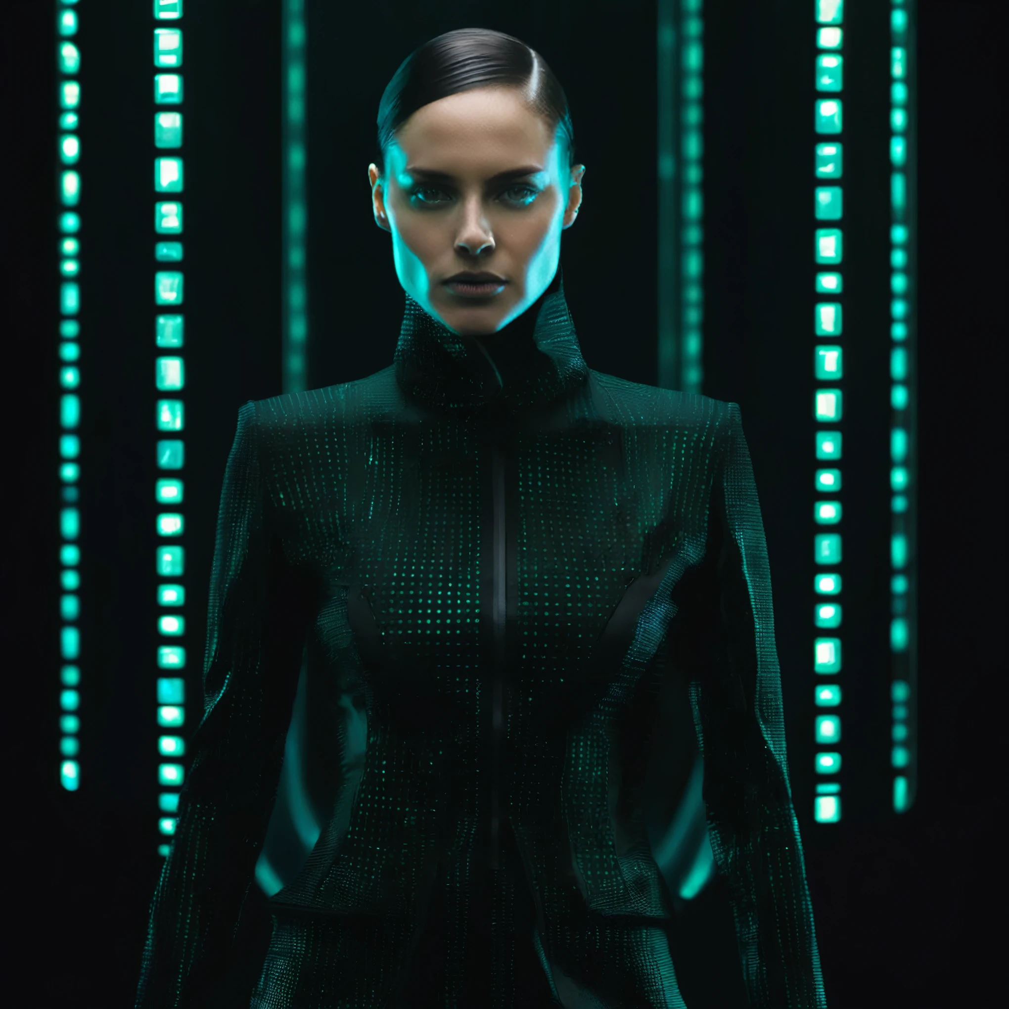 Photorealistic portrait of a model wearing a matrix outfit, digital rebellion, futuristic couture, aesthetic, high fashion, haute couture, sci-fi chic, 