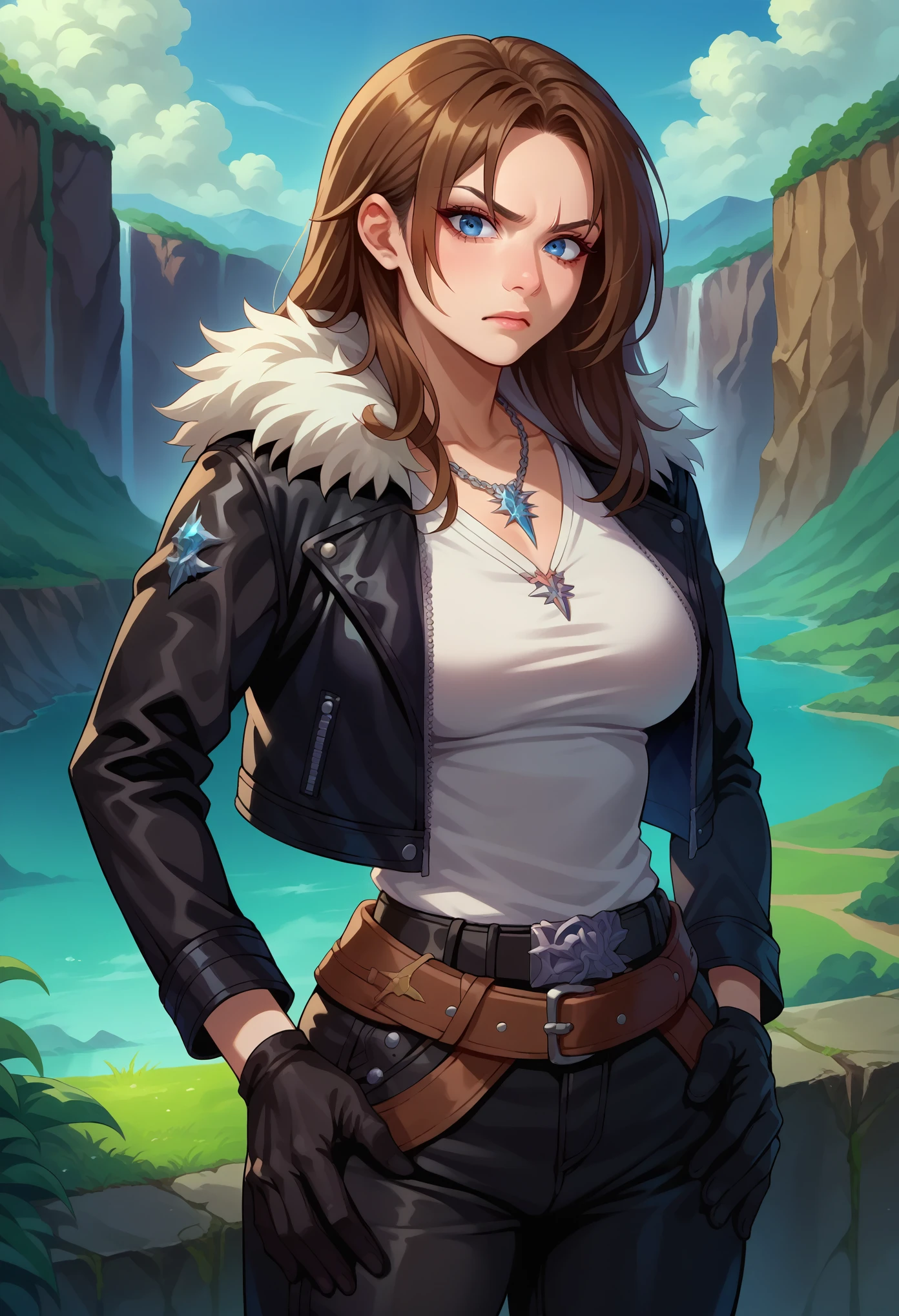 score_9, score_8_up, score_7_up, 1girl, solo, (female:1.5),female focus, female body, squall, necklace, brown hair, long hair, gloves, white shirt, blue eyes, shirt, black gloves, jacket, black jacket, fur trim jacket, black pants, belt,breasts, scar, diagonal scar, scar on face, parted bangs, angry, hands on ass, standing, ((looking down)), landscape, from behind