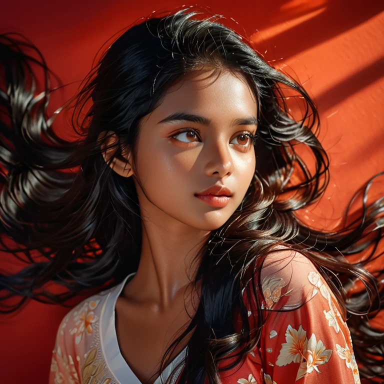 une femme de 20 ans,cheveux longs,sombre theme,tons apaisants,couleurs sourdes,Contraste élevé,(texture naturelle de la peau, Hyperréalisme, Lumière douce, POINTU),fond rouge,sombre,Femme du Sri Lanka