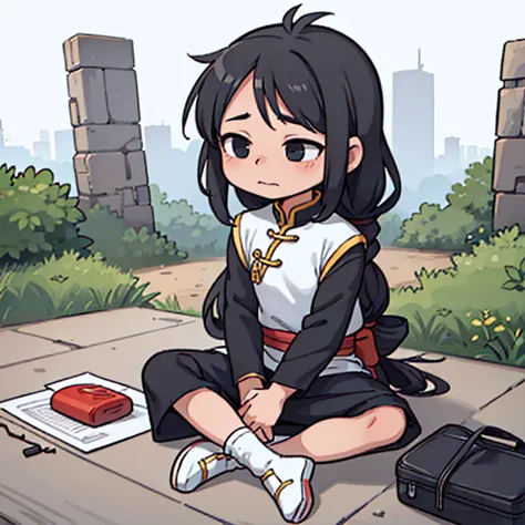 boy only、comic, chibi, cute, confident, zen, sit cross-legged, full body，（ancient chinese clothes：1.2），with long black hair，blac...