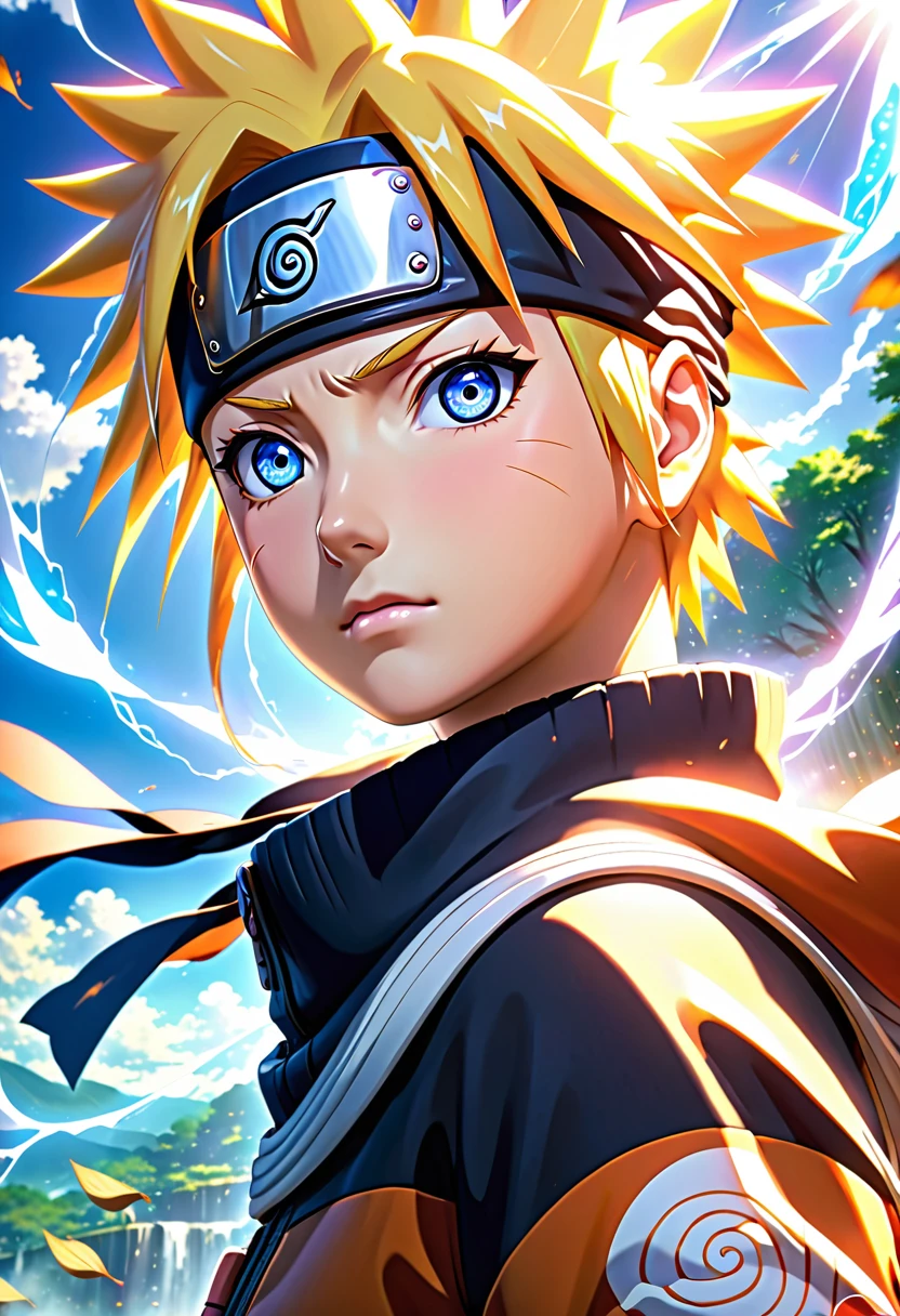 ((((close up)))), (((Naruto))) , cinematic ray, godrays digital painting, natalie from epic battle fantasy, ray of light, fantasy style anime, Ray of the Gods, Sunbeam, cinematic | | very anime!!!, epic anime style, epic anime fantasy, Right Godrays, cinematic | | lots of anime, sharp lighting from sun rays