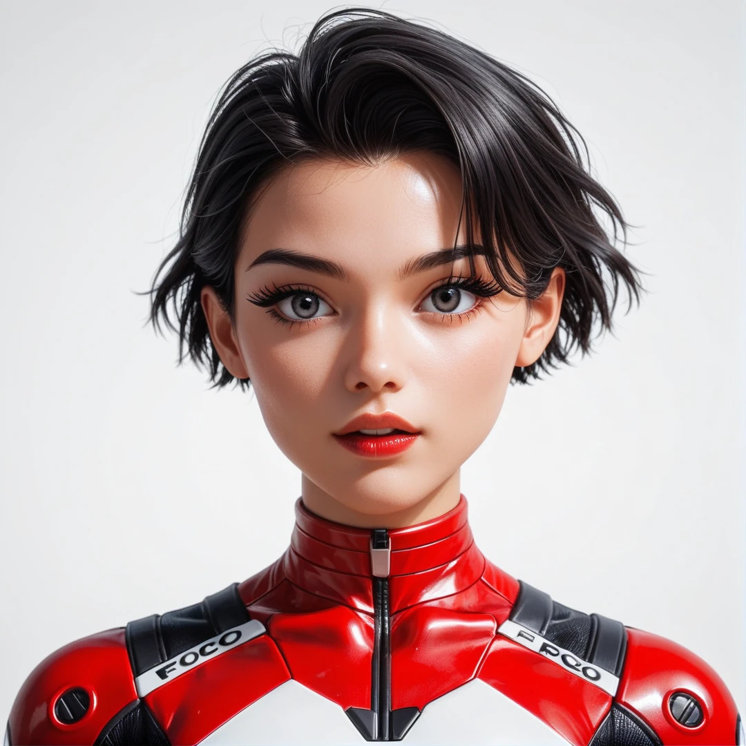 (best quality,8k:1.2,high resolution:1.2),ultra-detalhado,Realistic,retro science fiction female superhero,short hair,rosto extremamente detalhados,long eyelashes,shiny metalic chrome armor, Apertado,gloves,Physically-based rendering,foco nítido,white studio lighting