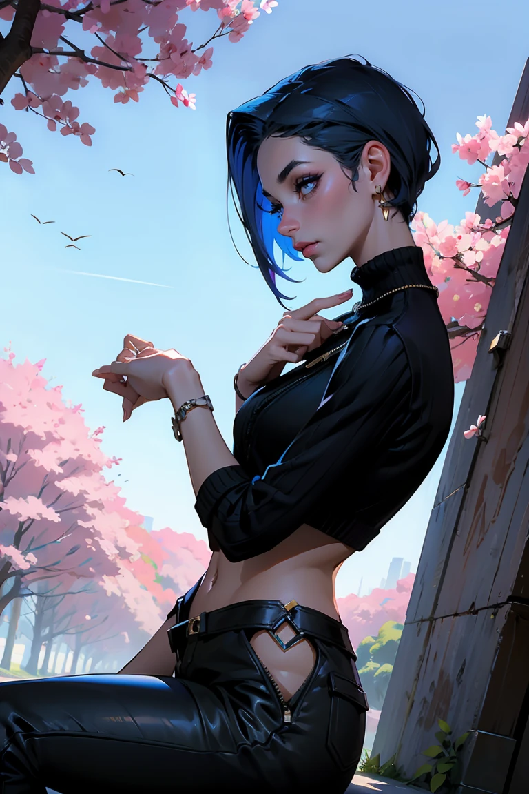 Goddess ((goddess-like woman)), slim elegant silhouette, masterpiece, (close angle), best quality, pale skin, fair skin, sweet face, (masterpiece:1,2, best quality), (real picture, intricate details), (1 lady , solo, medium , slim waistline, ), ((Jinx/LOL)), a woman short hair, dark blue hair, brown eyes, she has an impressive presence., short hair, bracelet, hoop earrings, jewelry, beautiful face, beautiful eyes, Side Pose, Side View, She is wearing a zipper Cropped sweater, hip-high pants and over-the-knee boots, the jewelry gives her overall appearance a touch of glamor. sweet smile, thigh gap, sweet irresistible smile, elegant pose, elegant hands, beautiful hands, perfect fingers, background: Park, a beautiful park, trees, walkway, flowers, bushes,