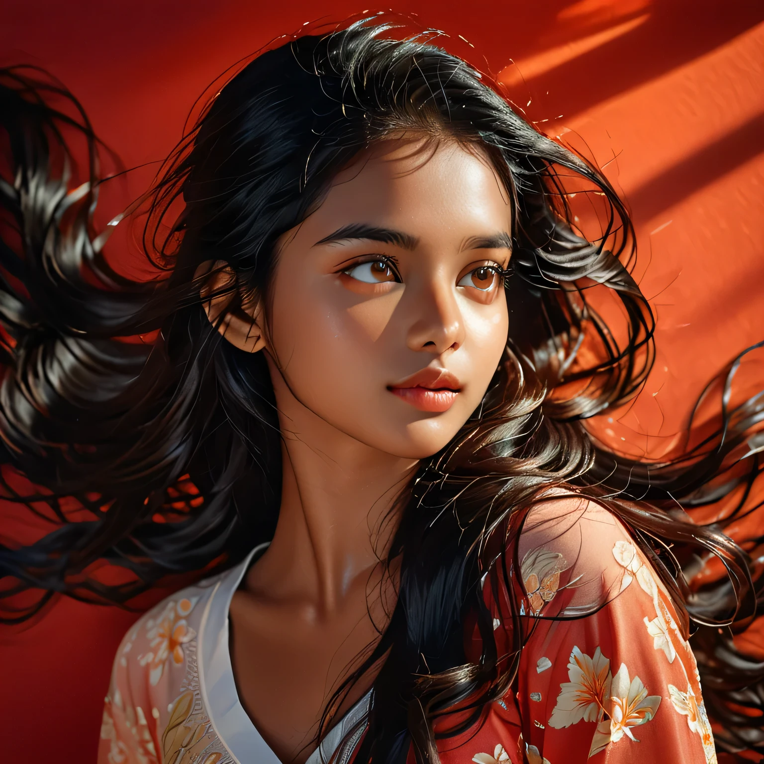 une femme de 20 ans,cheveux longs,sombre theme,tons apaisants,couleurs sourdes,Contraste élevé,(texture naturelle de la peau, Hyperréalisme, Lumière douce, POINTU),fond rouge,sombre,Femme du Sri Lanka